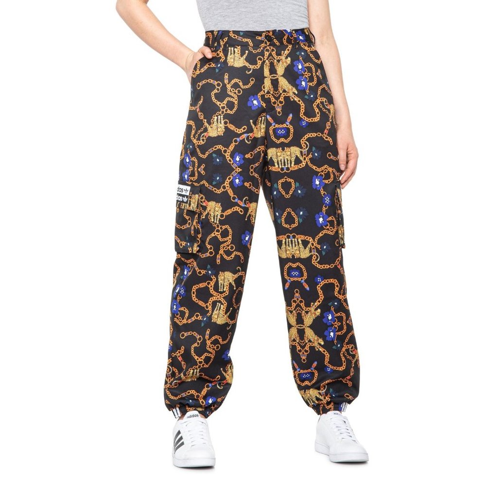adidas Black Cargo Joggers with Gold Chain & Blue Accent Print
